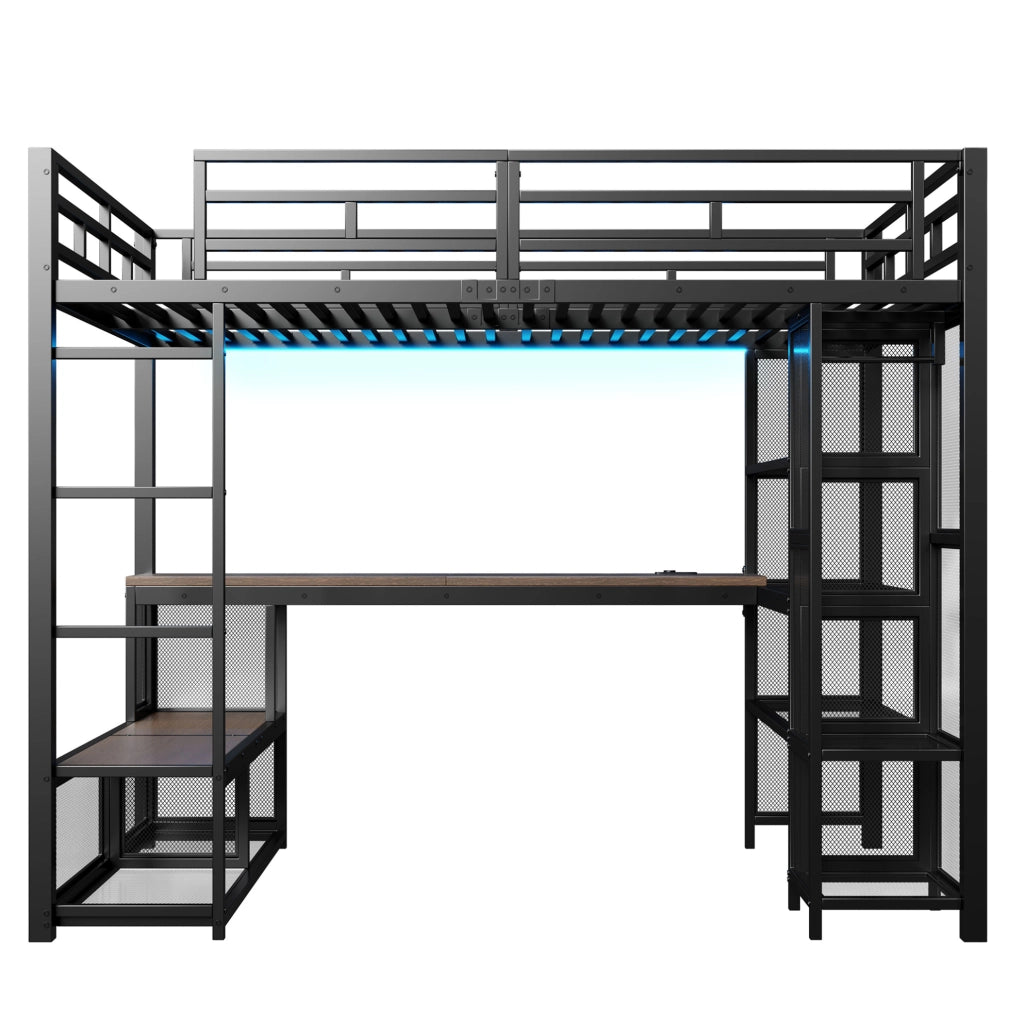 Letto a soppalco 140x200 cm con scrivania, armadio aperto, LED e USB in metallo e MDF nero