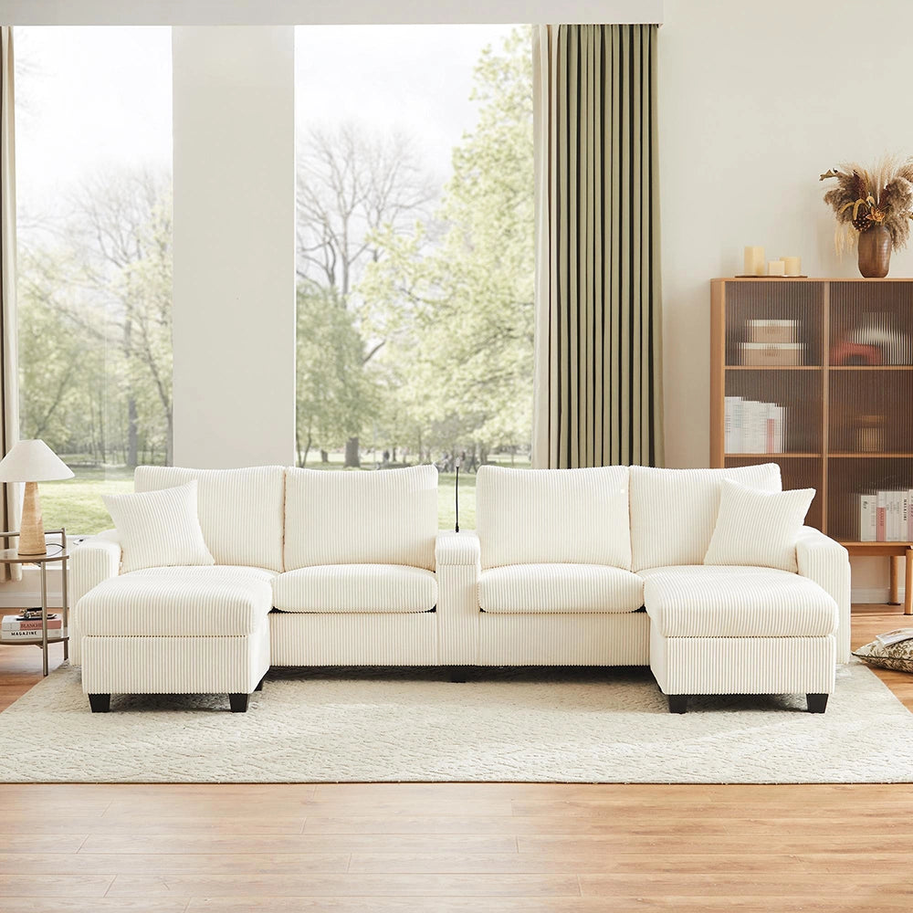 Divano a U in velluto costato - Xylo - 334x128,5x81 cm - Beige - 2 sgabelli, luce LED, porta-bevande, USB/Type-C