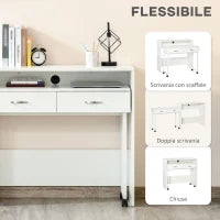 Tavolo Scrivania Salvaspazio per Camera e Ufficio, Scrivania con Cassetti e Ruote, Postazione di Lavoro Doppia o Singola, 100x36x88cm, Bianco