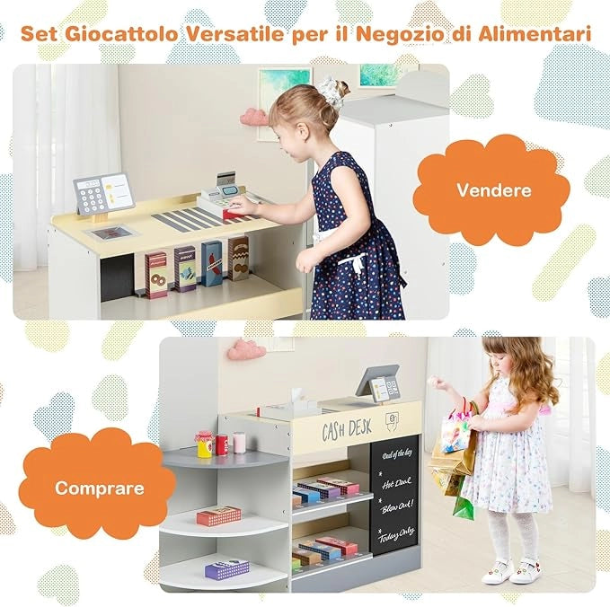 Negozio Alimentare per Bambini, Set di Giocattoli Supermercato in Legno con Cassa, Macchina POS, Distributore Automatico, Lavagna Scrivibile, per Bambini 3 - 8 Anni (Grigio)
