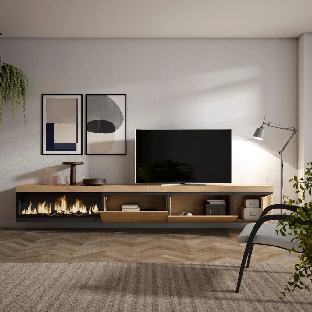 Mobile TV Soggiorno, 317x35x45cm, Camino elettrico XXL, da appendere, colore Rovere RF3675