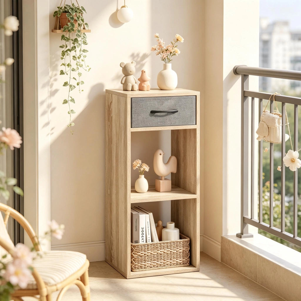 Libreria con cassetto e vani aperti per soggiorno e studio in legno ingegnerizzato grigio e rovere chiaro