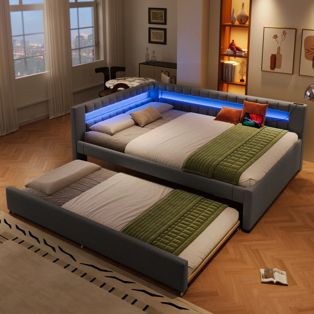 Daybed con letto estraibile, LED e USB-C, 140x200 cm, lino grigio