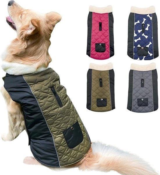 Giubbotto impermeabile per cani, Etechydra giubbotto reversibile regolabile riflettente invernale con collo di lana calda, abbigliamento per cani, verde+nero, XL