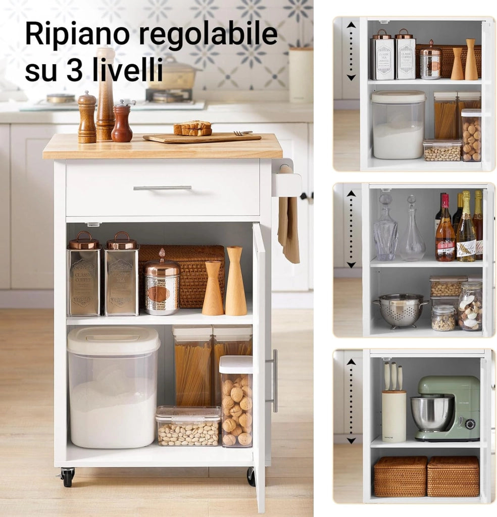 Carrello cucina mobile cucina salvaspazio mobiletto cucina con cassetto e anta credenza cucina madia cucina bianco-naturale 68x46x90cm FKW102-WN
