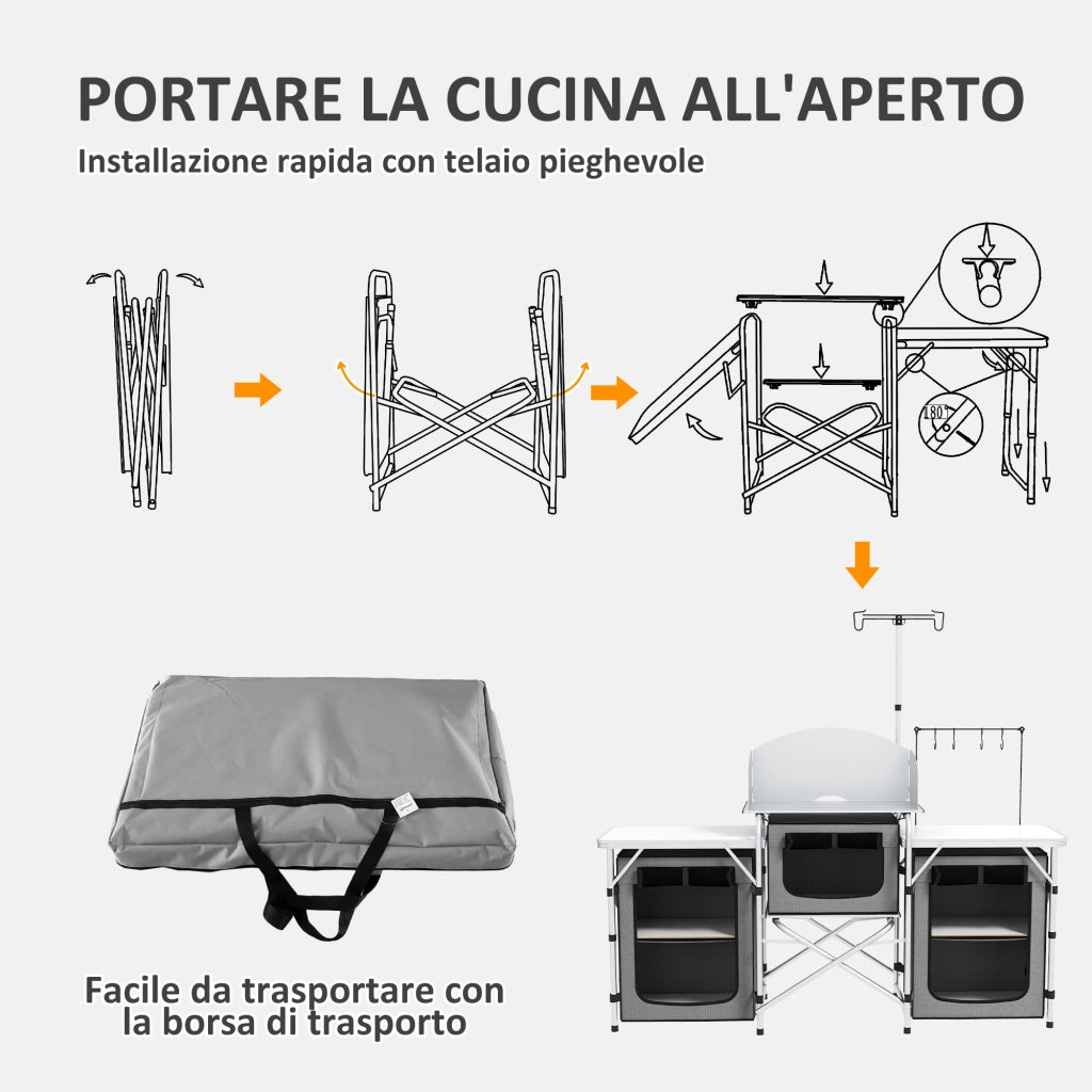 Cucina da Campeggio Pieghevole 3 Piani ¨C Zephmum ¨C Grigio Argento 172x48x130 cm