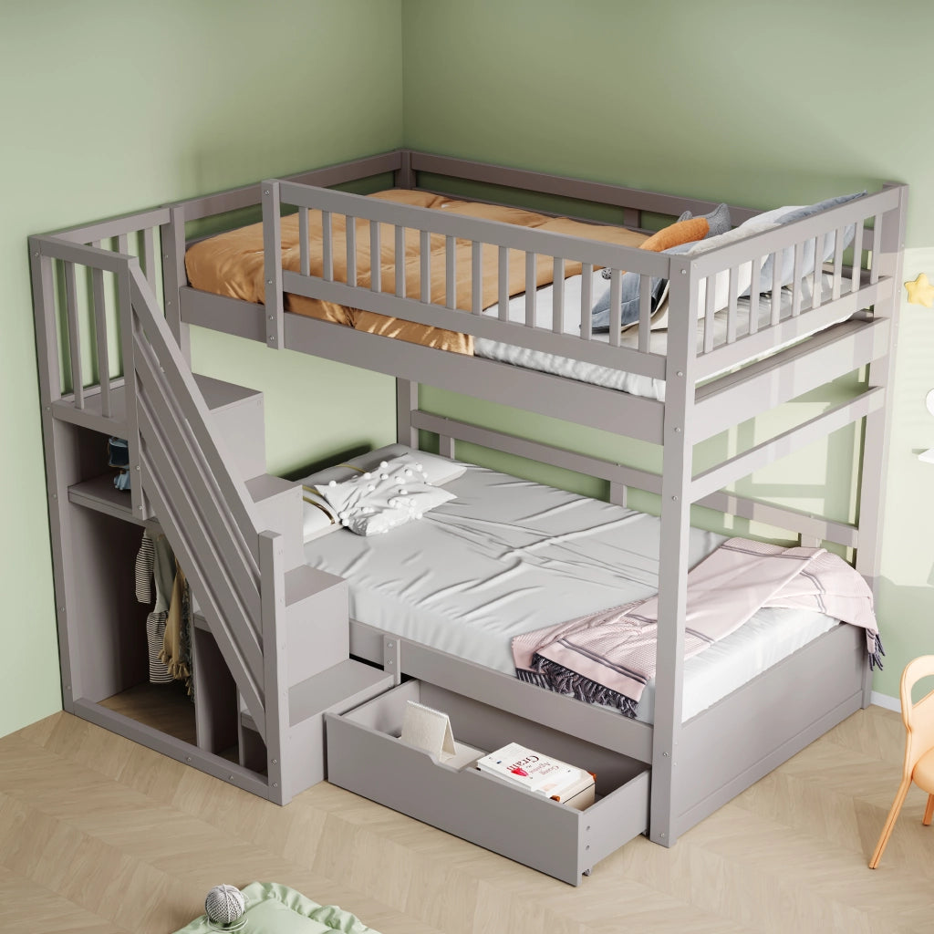 LETTO A CASTELLO 90x200 cm In Legno Grigio con Scala Contenitore e Cassetti