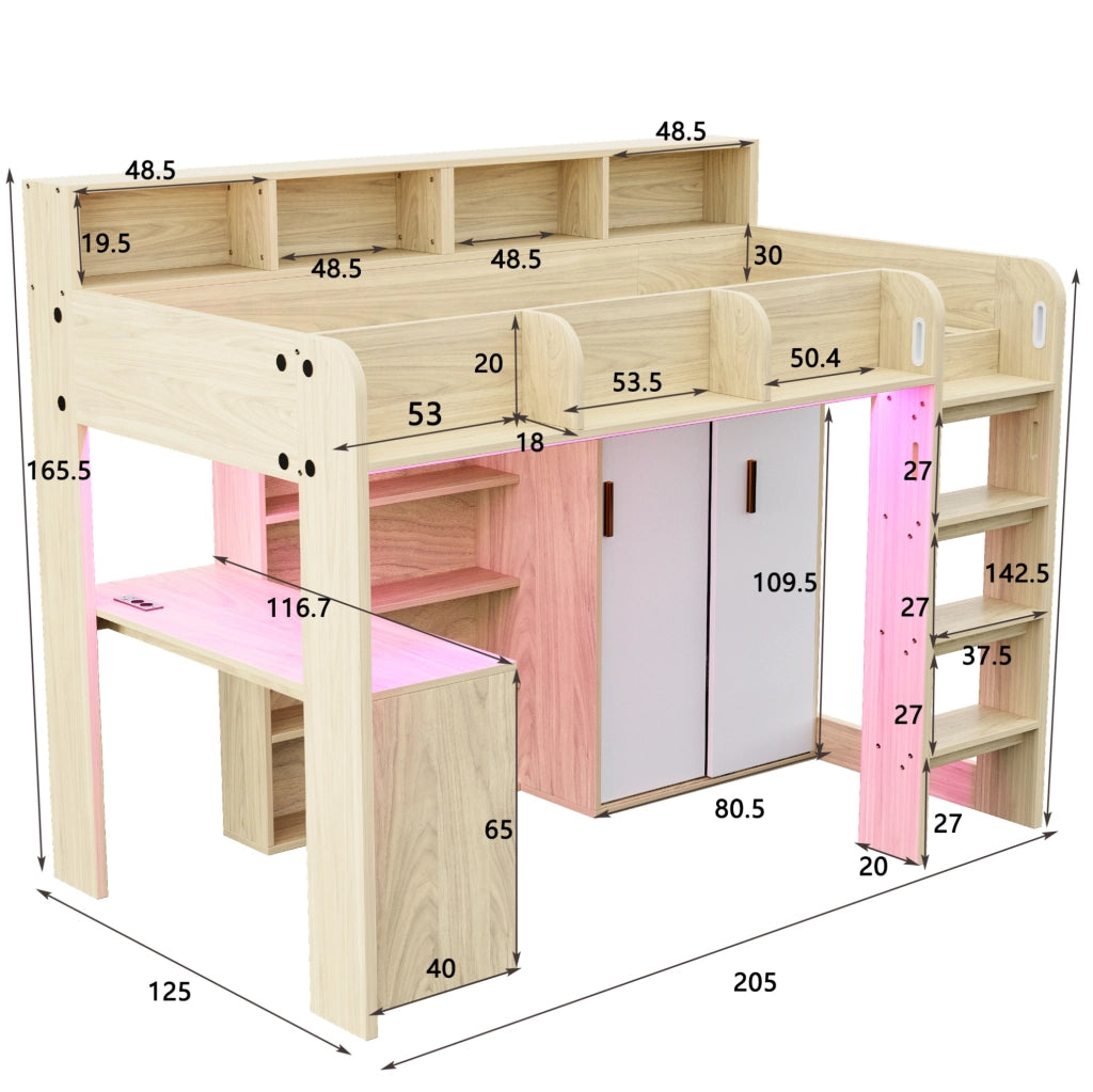 Letto a soppalco 90x200 cm con scrivania, armadio e LED