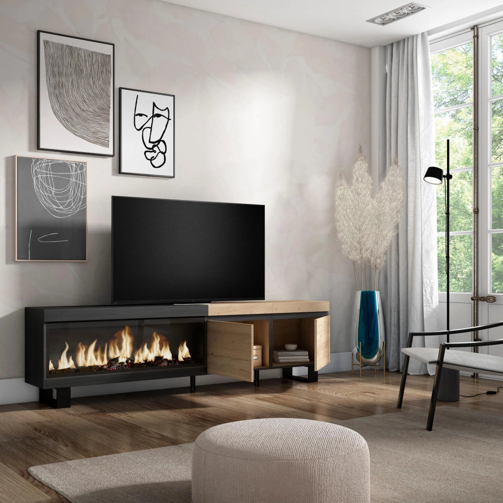 Mobile TV Soggiorno, 208x35x57cm, Per TV fino a 80", Camino elettrico XXL, Design industriale, colore Rovere e nero RF3267