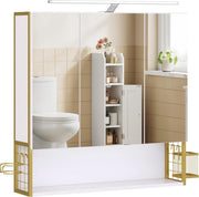 VASAGLE Armadietto da Bagno con Specchio e 3 Ante, Mobile a Parete, Cestino, Porta Asciugacapelli, Capiente, Mobiletto Bagno da Muro, Bianco Nuvola e Oro Verde Chiaro BBK124A10