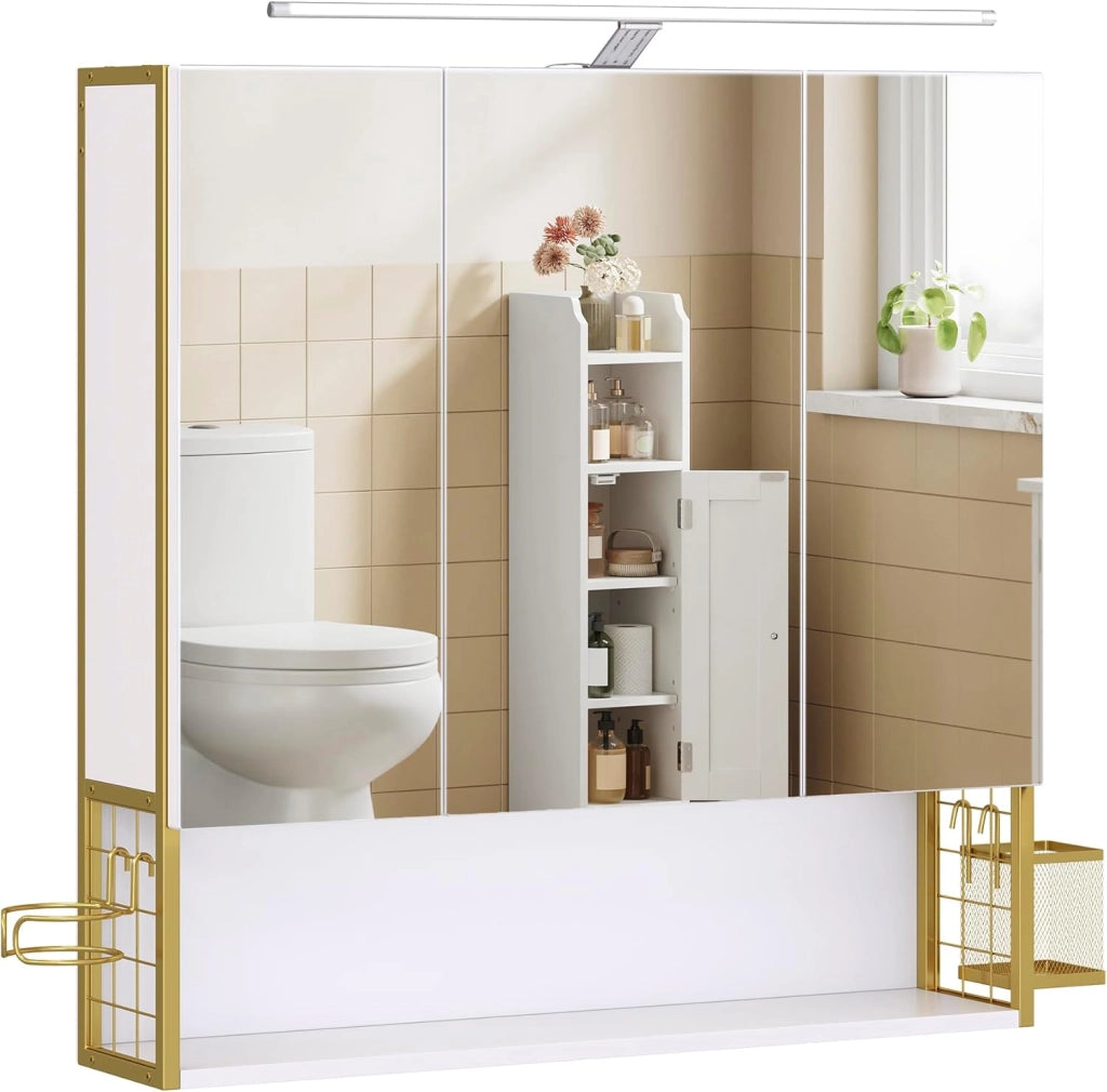 VASAGLE Armadietto da Bagno con Specchio e 3 Ante, Mobile a Parete, Cestino, Porta Asciugacapelli, Capiente, Mobiletto Bagno da Muro, Bianco Nuvola e Oro Verde Chiaro BBK124A10