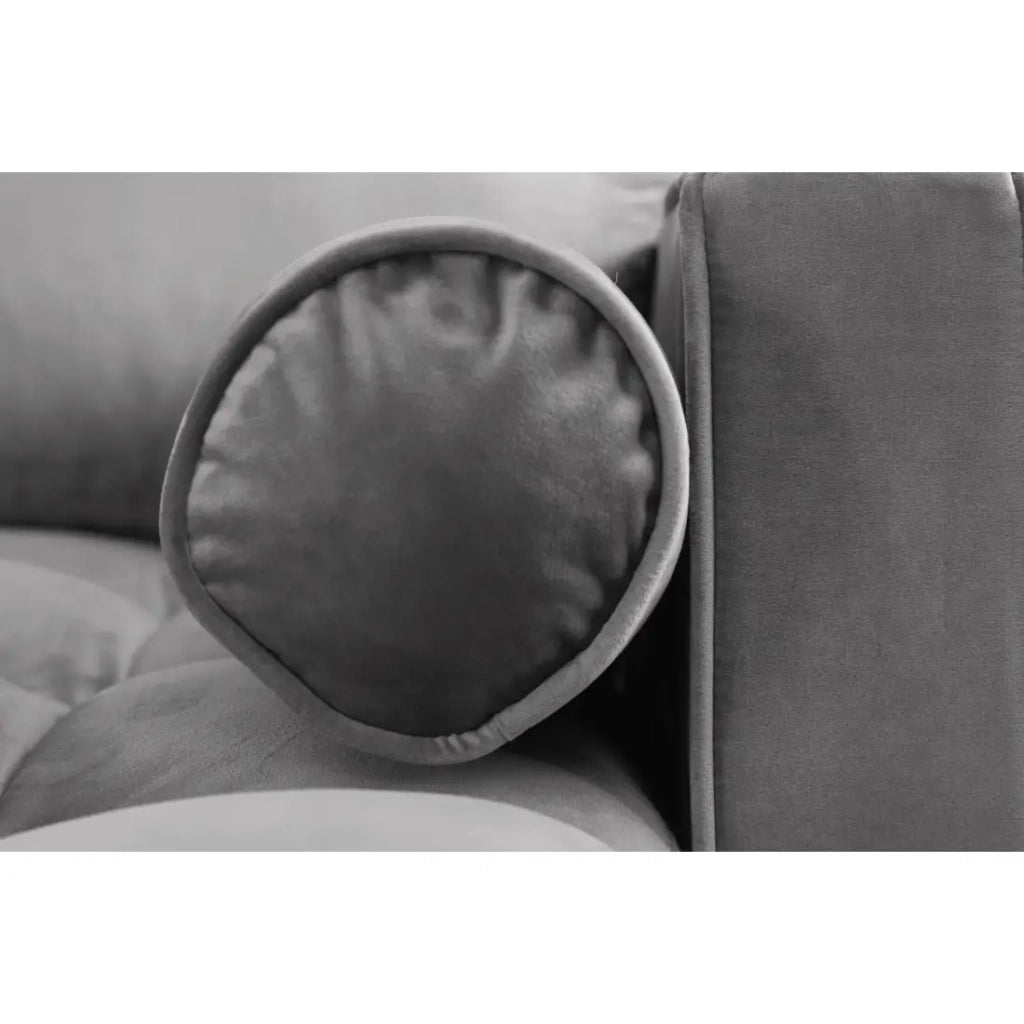 Divano angolare KOLIRI grigio con pouf – Divano design in velluto con struttura in legno massiccio
