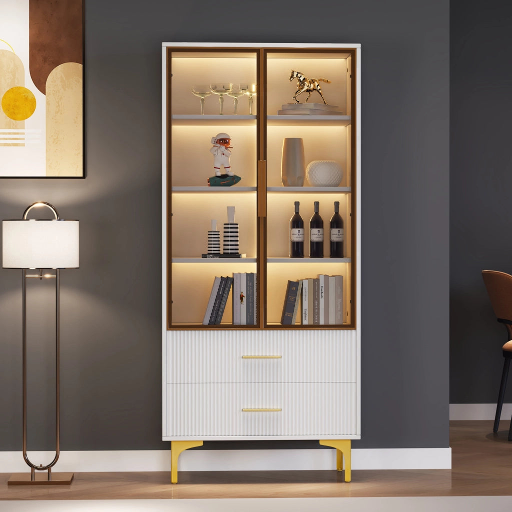 Vetrina 70x35x150 cm con ante in vetro fumé e LED; truciolare bianco