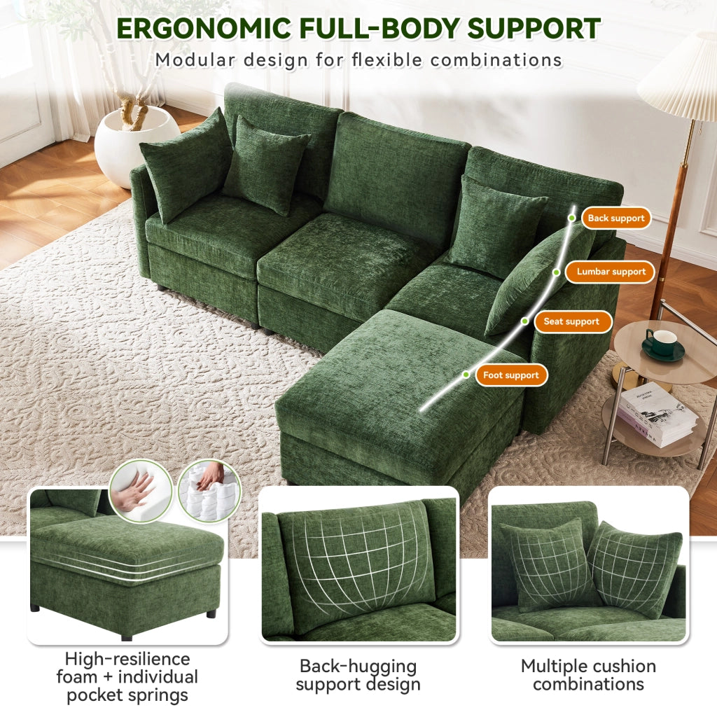 Divano angolare modulare 3 a 4 posti con pouf mobile e 4 cuscini in Chenille Verde