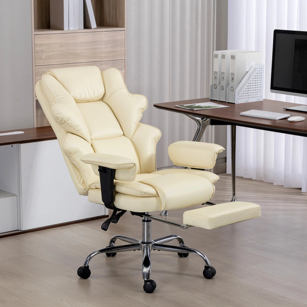 Sedia da Ufficio con Poggiapiedi e Poggiatesta, in Pelle PU, Schiuma e Metallo, 76x73x117-125 cm, Bianco Crema