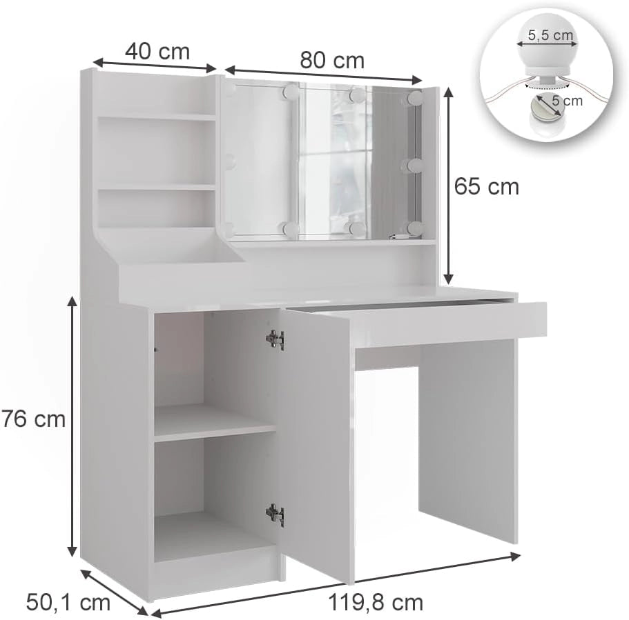 Tavolo da toeletta Sherry, Bianco/bianco lucido, 119.8 cm 4 parti