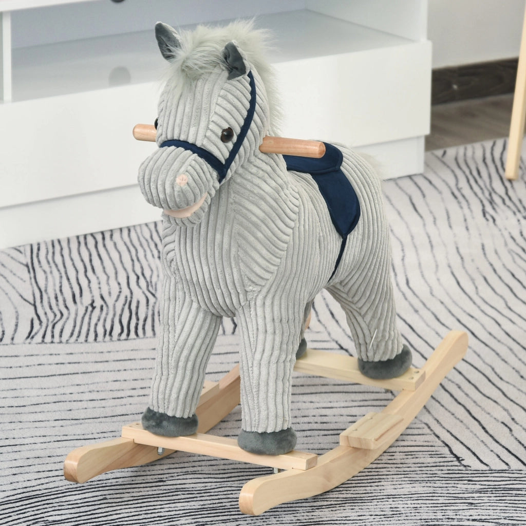Cavallo a Dondolo per Bambini 3-6 Anni con Suoni in Peluche, 73x35x64cm, Grigio