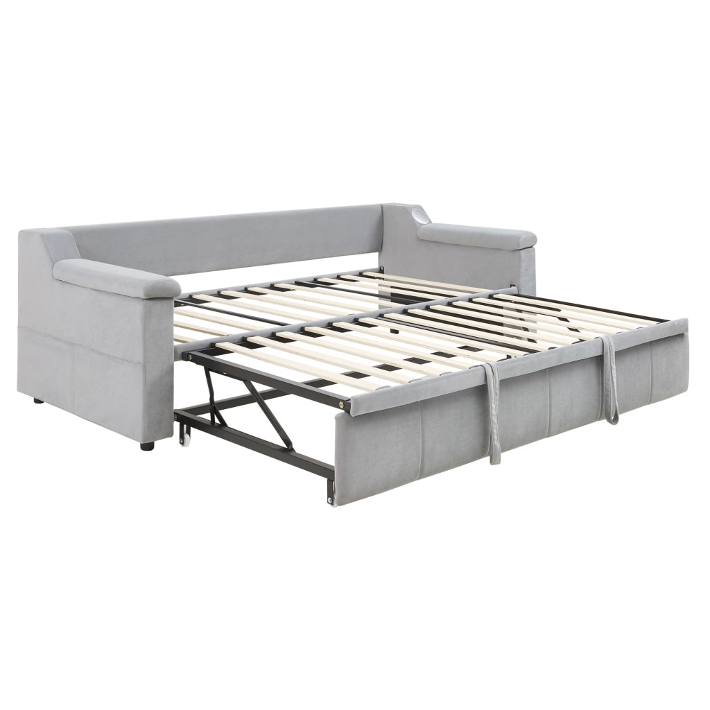 Divano letto 90x190 cm estendibile con Bluetooth; USB e vani portaoggetti in velluto grigio