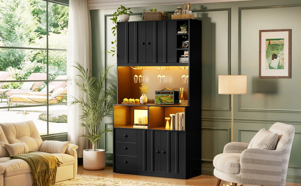 Hochschrank da cucina con LED RGB, prese USB e AC, 100 x 40 x 180 cm, MDF nero