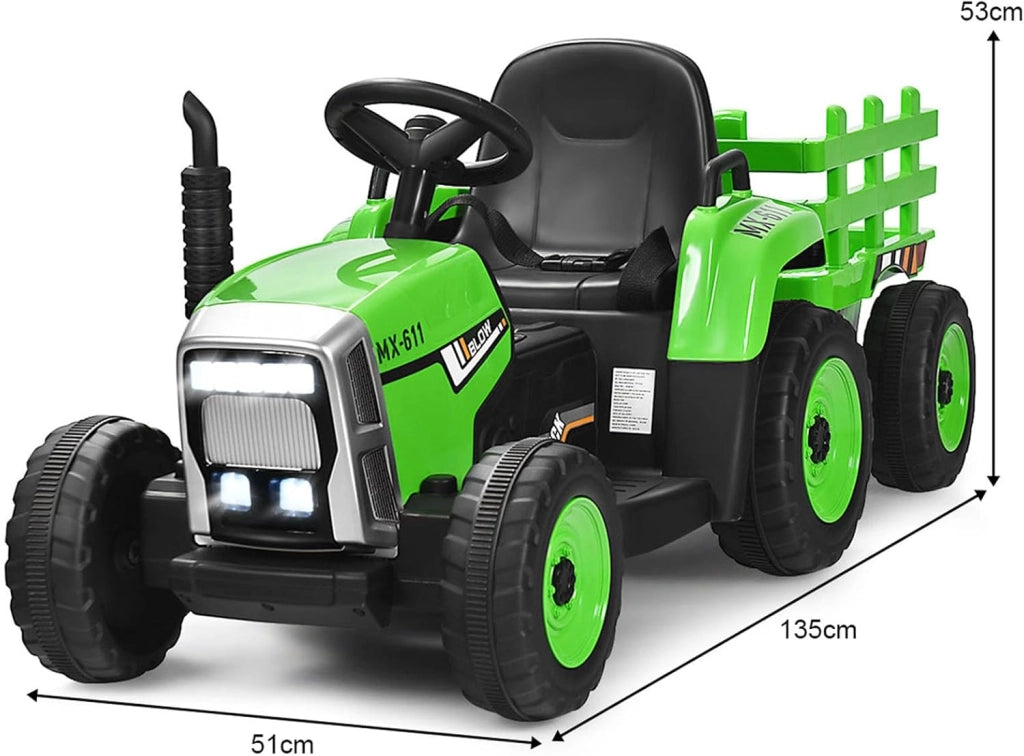 Trattore con Rimorchio Cavalcabile per Bambini 12V, Trattore Elettrico Telecomandato, con Luci e Suoni, 30kg, 3+ Anni (Verde)