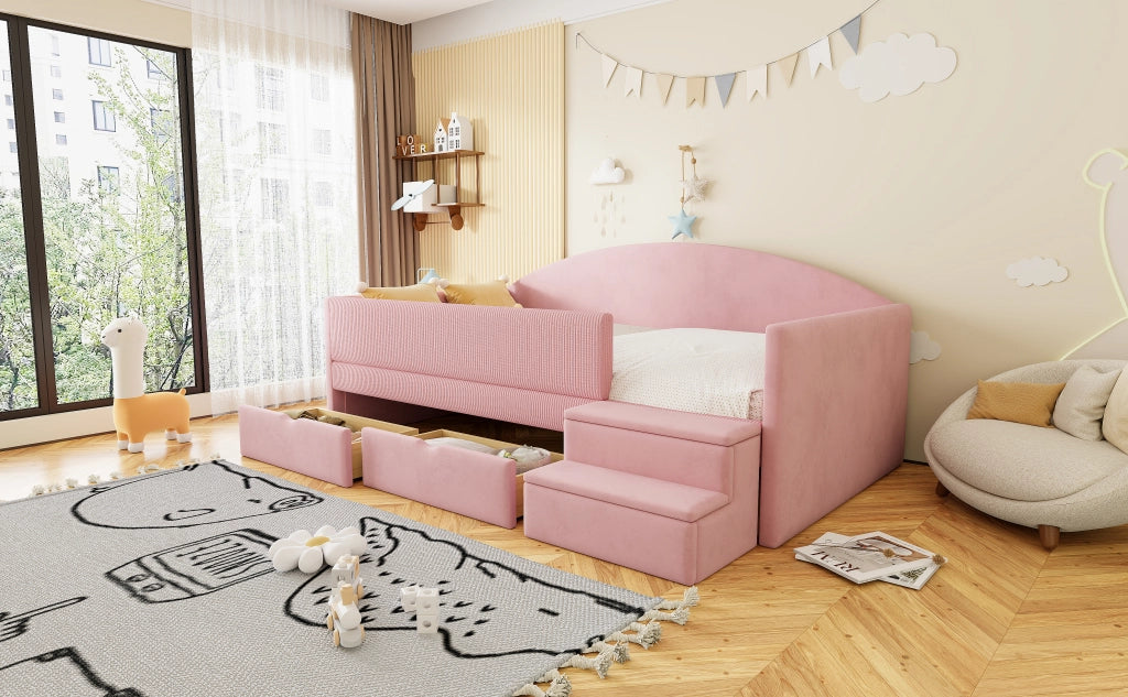 Divano letto imbottito in velluto con 2 cassetti; gradini antiscivolo e protezioni; rosa; 90x190 cm; senza materasso