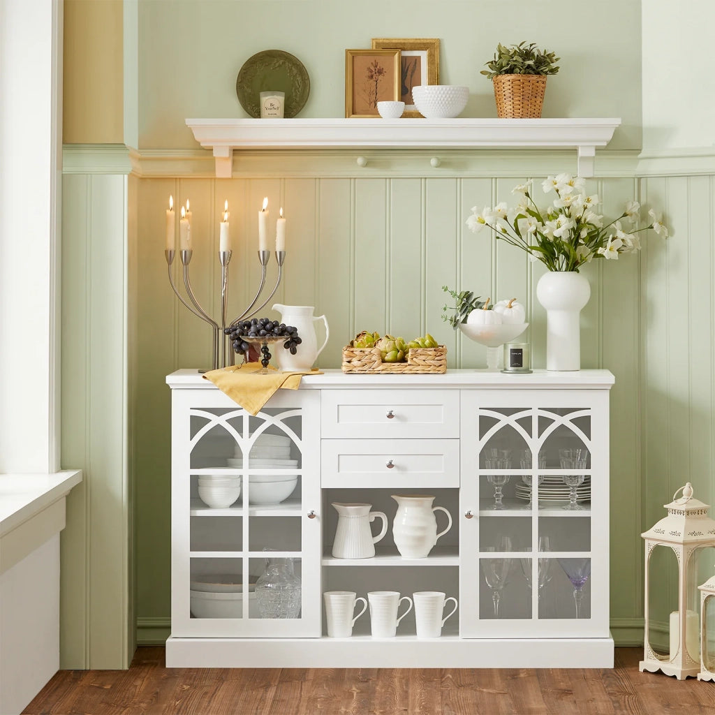 Credenza con 2 ante in vetro e 2 cassetti, Mobile da cucina, Mobile da soggiorno, Buffet, Mobile contenitore, Bianco, 120x39x78cm FSB79-W SoBuy