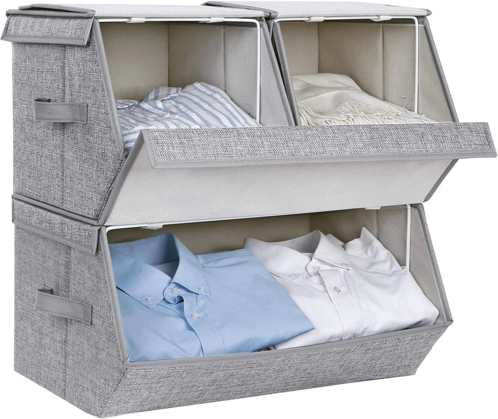 SONGMICS Scatole Portaoggetti Impilabili, Set di 3 Contenitori con Coperchio, Cornice di Metallo, Chiusura Magnetica, per Vestiti Giocattoli Libri, Grigio RLB12GY