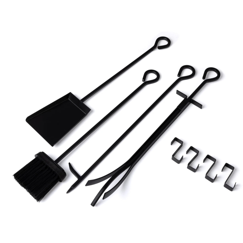 IDMarket - Leñero vertical de acero negro con estante y accesorios H. 170 cm para chimeneas