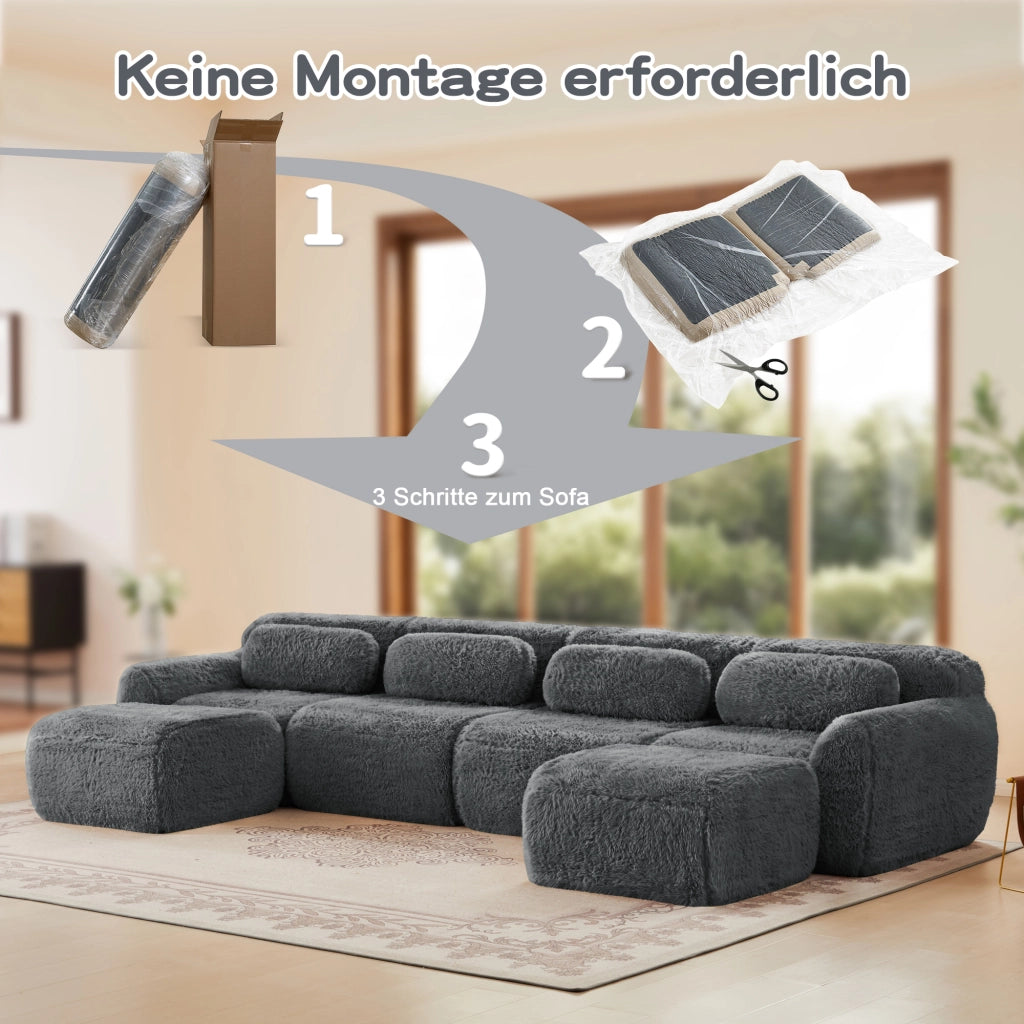 Divano Modulare ad Angolo a U con Configurazione Libera, senza Montaggio, con Cuscini, in Peluche Grigio