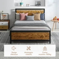 Struttura Letto Una Piazza e Mezza in Legno e Acciaio con Doghe in Stile Industriale, 140x200cm