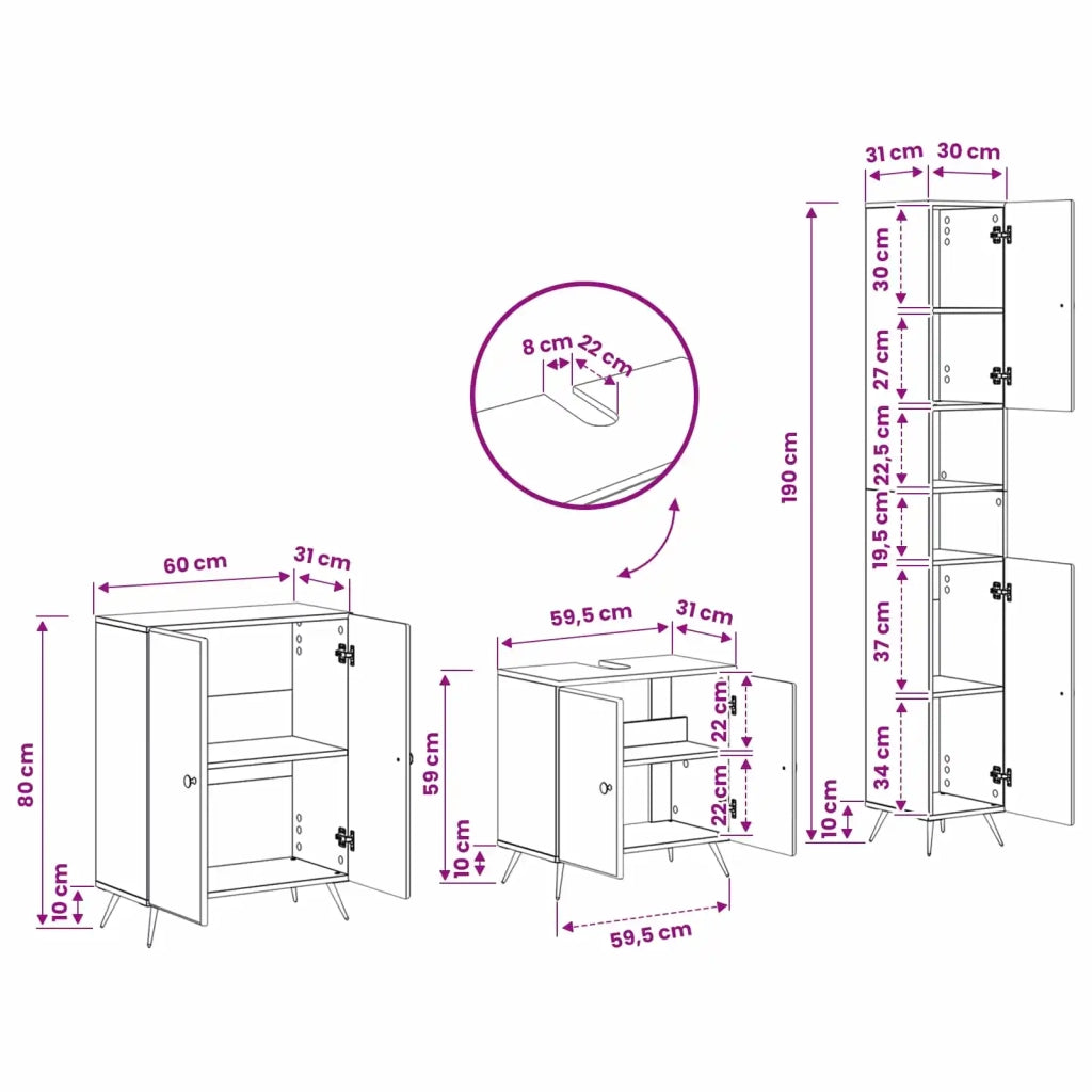 Set di armadietti da bagno in 3 pezzi BREDA Sonoma grigio 3417483