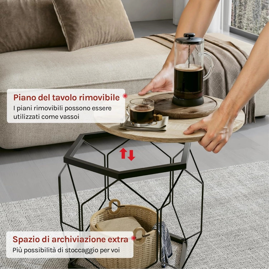 Set di 2 Tavolini da Salotto Rotondi, Tavolini Contenitori in Legno e Metallo, Tavoli da Caffè con Piano Rimovibile, per Soggiorno, Camera da Letto, Legno + Nero, BTS05hei