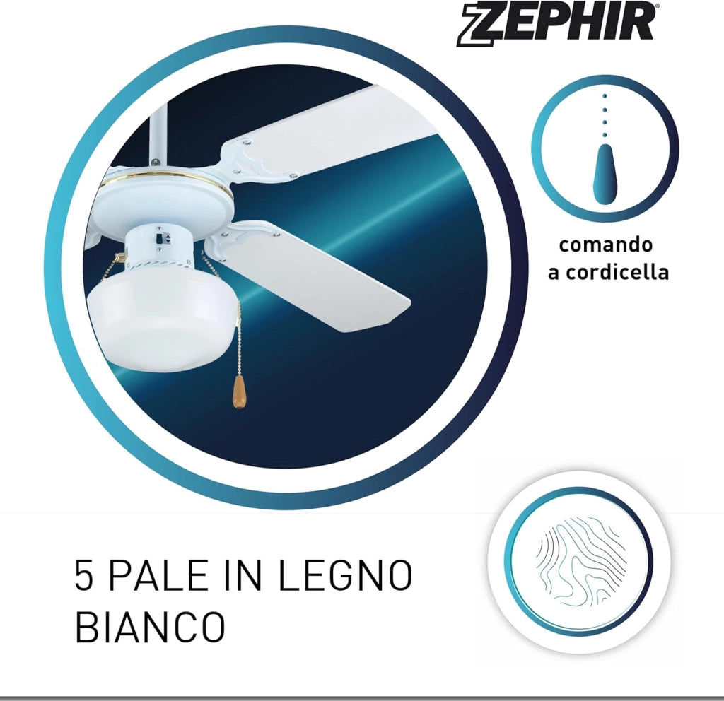 Ventilatore a Soffitto ZEPHIR 4 Pale 107 cm con Luce E27 60W, 3 Velocità, Reversibile, Comando a Cordicella, Design in Legno e Paglia di Vienna Effetto Rattan Bianco 70W Metallo e Legno