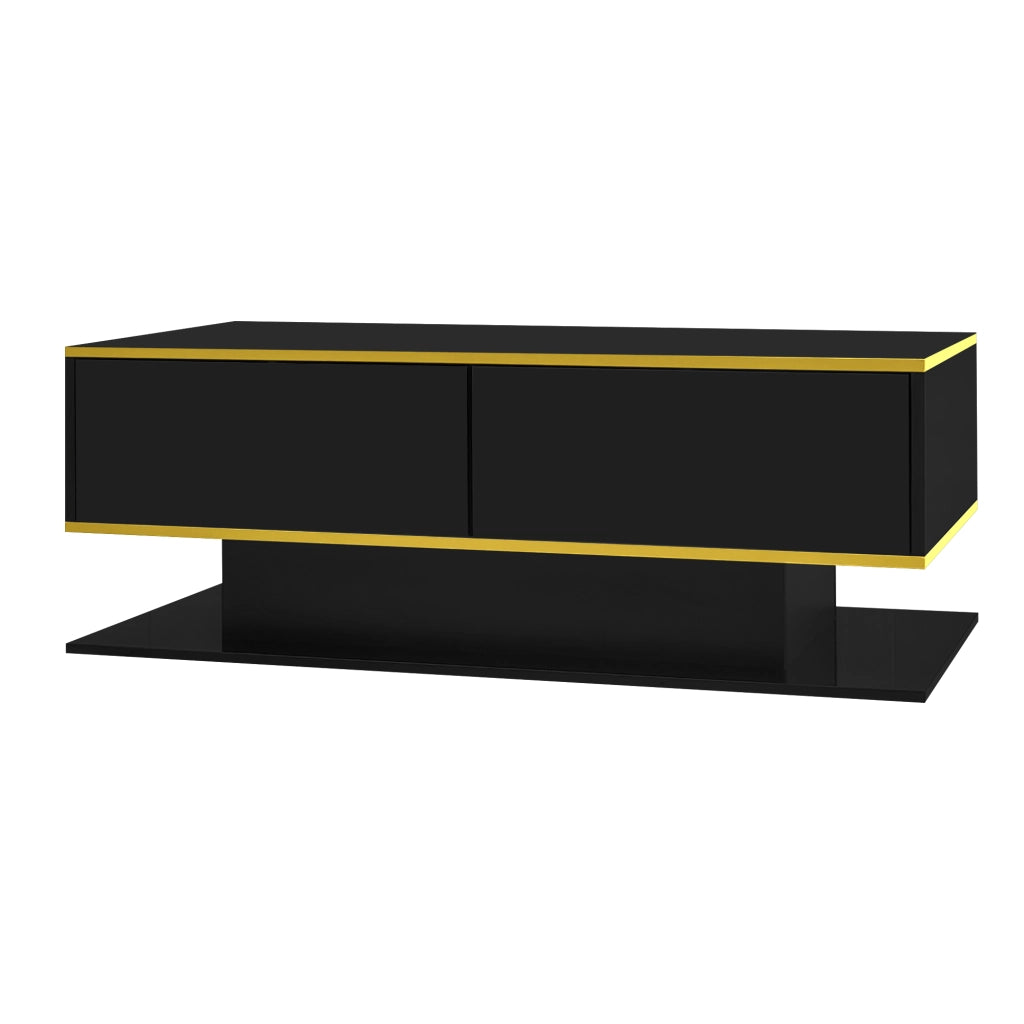 Tavolino da caffè 100x50x40 cm; con LED e 3 cassetti; finitura lucida; truciolato; nero e oro