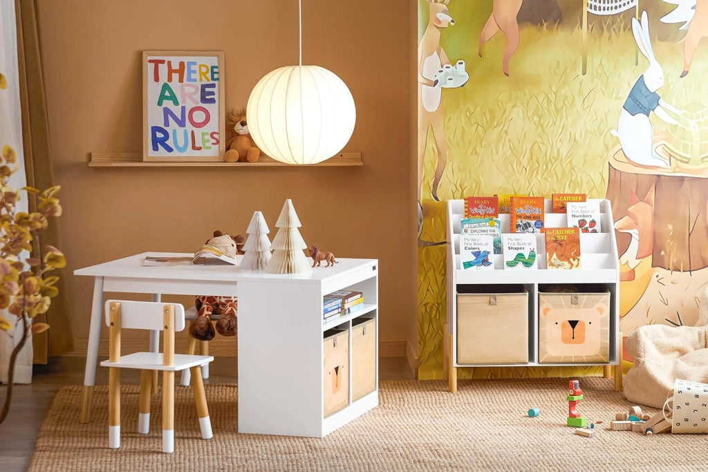 Tavolo per bambini con 2 sgabelli Set mobili per bambini Tavolo con spazio di archiviazione Bianco 90x60x53cm KMB113-W