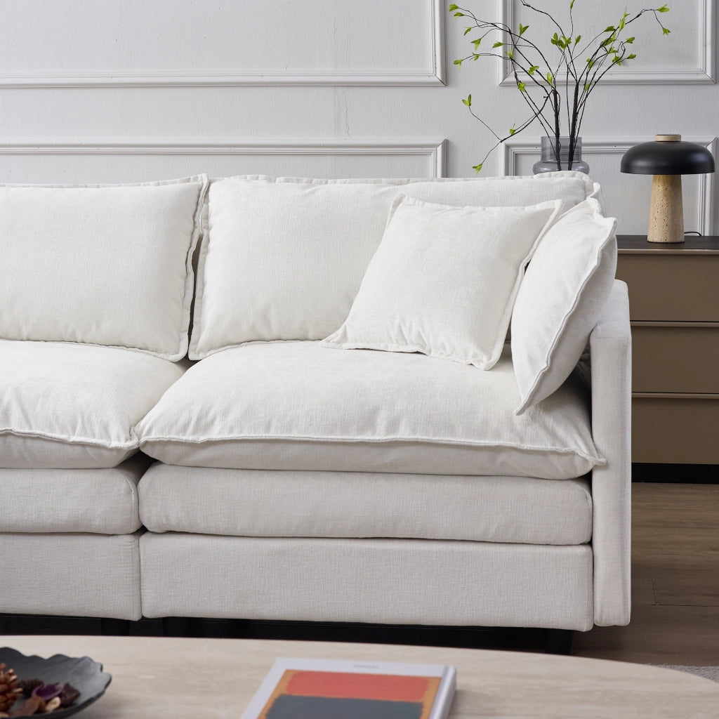 Divano angolare modulare 3 posti con pouf in Chenille Beige
