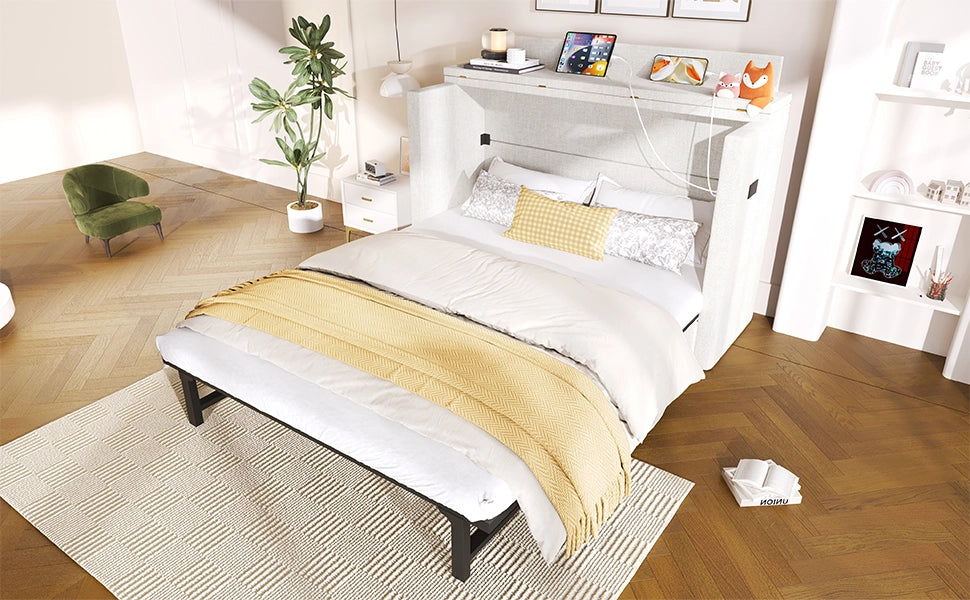 Letto a scomparsa 140 × 200 cm con cassetto e prese USB e Type-C rivestito in lino beige
