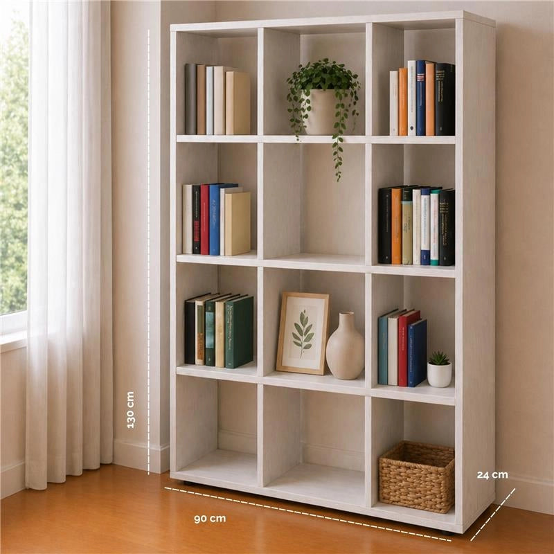 LIBRERIA CUBICA IN LEGNO BIANCO MODERNA CON 12 RIPIANI DIMENSIONI 90X24X130 CM