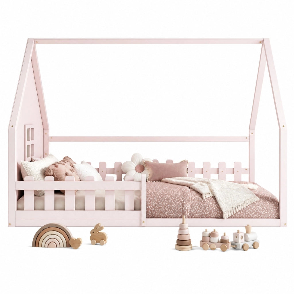 Letto per bambini a forma di casa 140x200 cm, rosa, con sponde