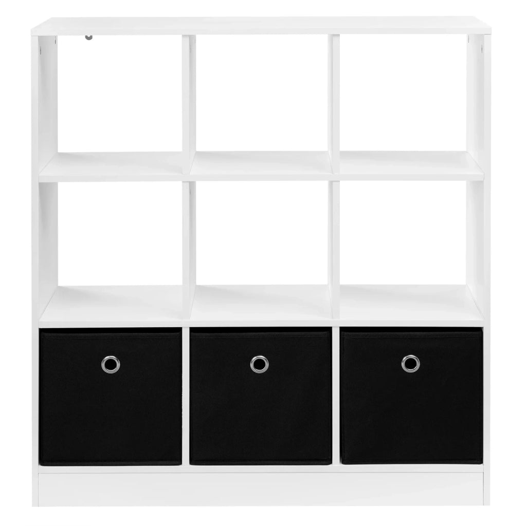 Libreria ULEVR 80x86,5x30 cm con vani a cubo e 3 cassetti in tessuto, bianco e nero