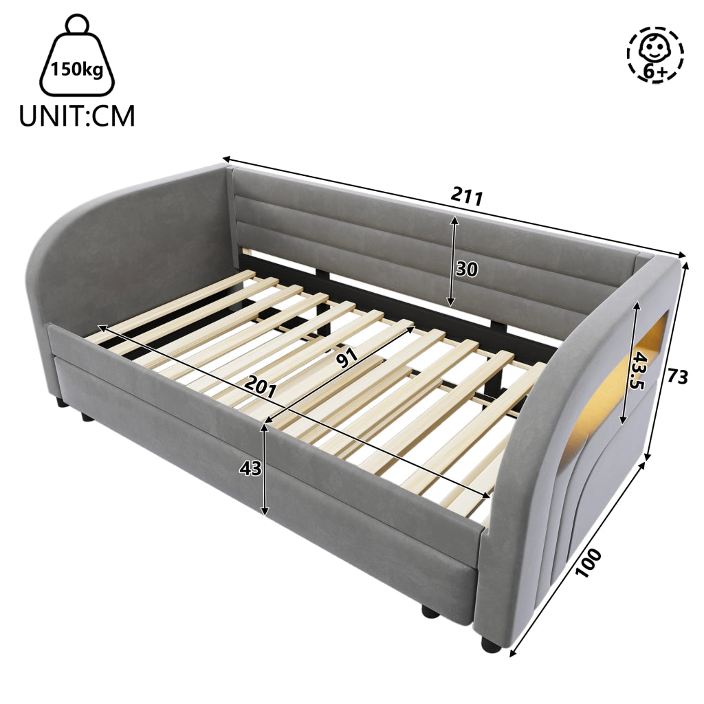 Letto Estraibile 90x200 cm; con LED Regolabile e Letto a Scomparsa; in Flanella; Grigio