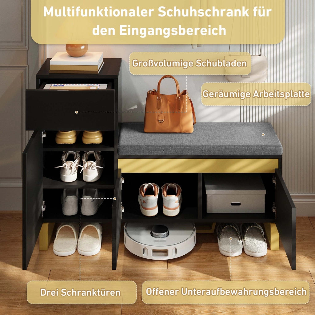 Mobile da ingresso multifunzionale con panca imbottita, cassetto e vano aperto in MDF nero 120 × 35 × 85 cm
