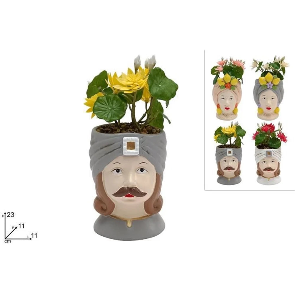 Trade Shop - Vaso Di Fiori Forma Di Testa Moro Statuetta Decorativa Con Pianta Grassa 23cm 4ass. 660560 -