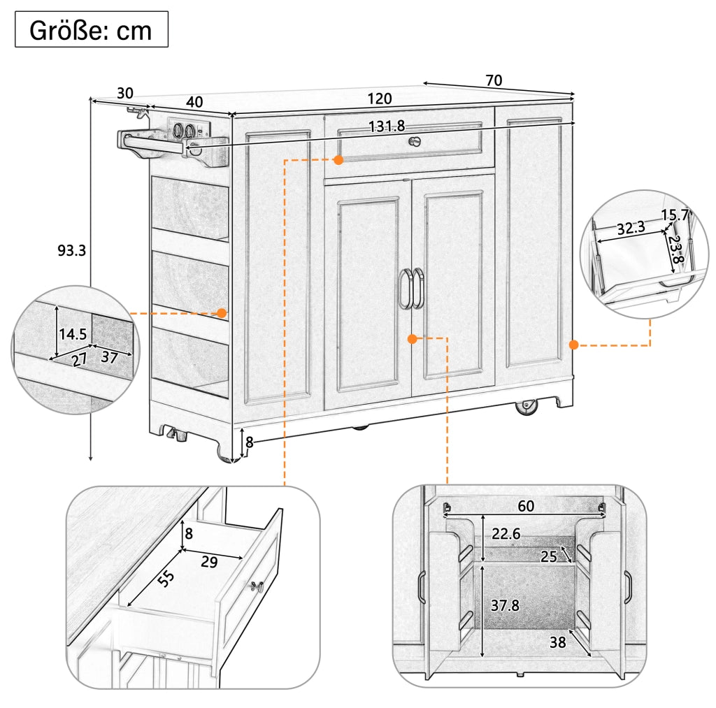 Isola cucina 131.8x40-70x93.3 cm con piano ribaltabile e prese; MDF; bianco naturale