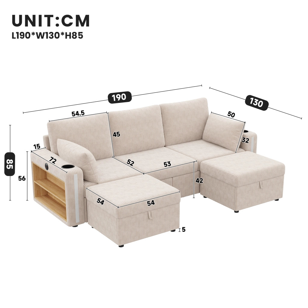 Divano angolare modulare in tessuto a coste con seduta contenitore, LED, USB e porta bicchieri beige