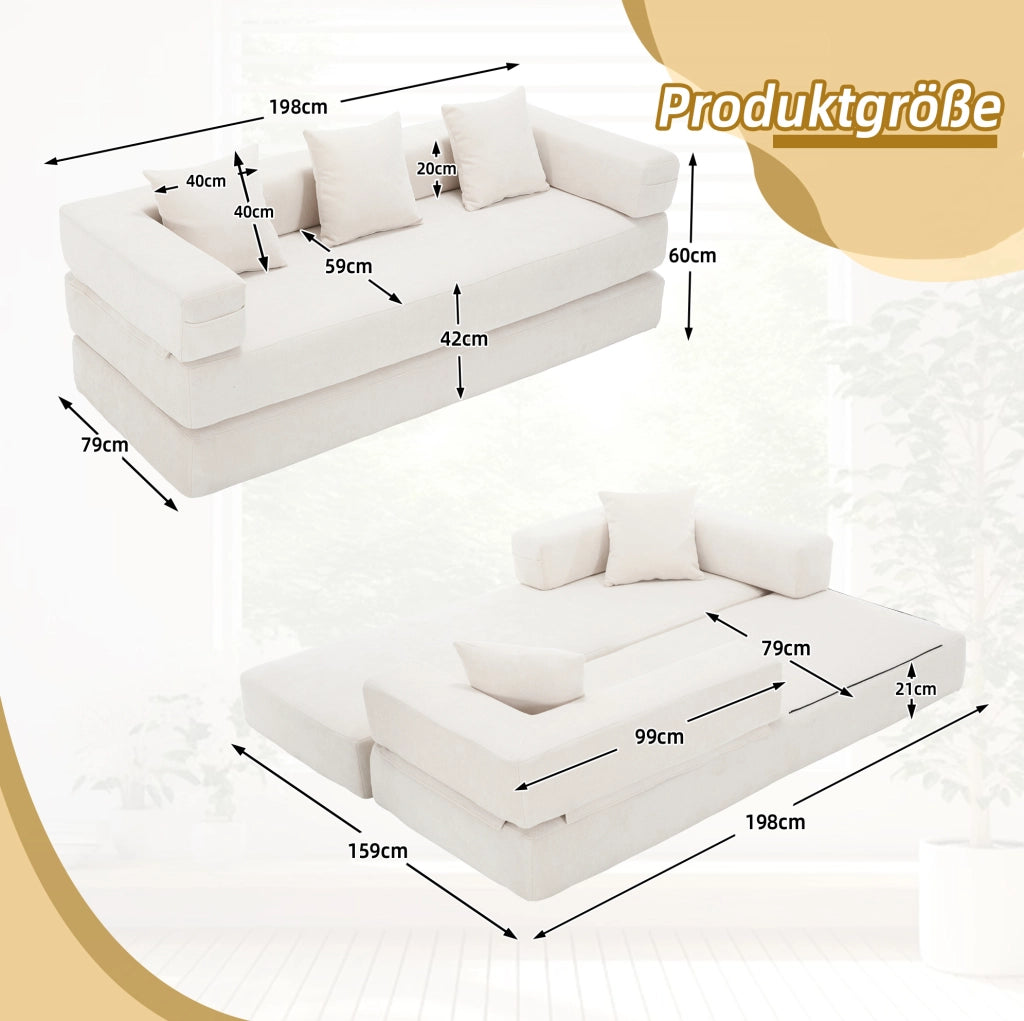 Blocco divano modulare in ciniglia beige con tasche laterali