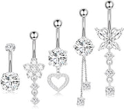 Set di 5 pezzi di pungolo per piercing navello in acciaio inossidabile - Diametro 1,6 mm (14G) - Lunghezza 10 mm - Finestra in argento - Comfort di indossamento gradevole - Piercing