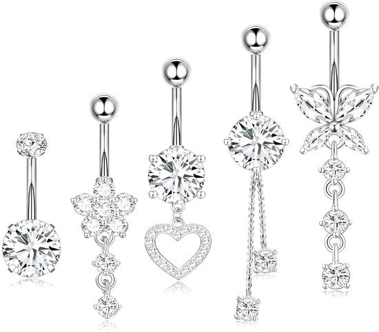 Set di 5 pezzi di pungolo per piercing navello in acciaio inossidabile - Diametro 1,6 mm (14G) - Lunghezza 10 mm - Finestra in argento - Comfort di indossamento gradevole - Piercing