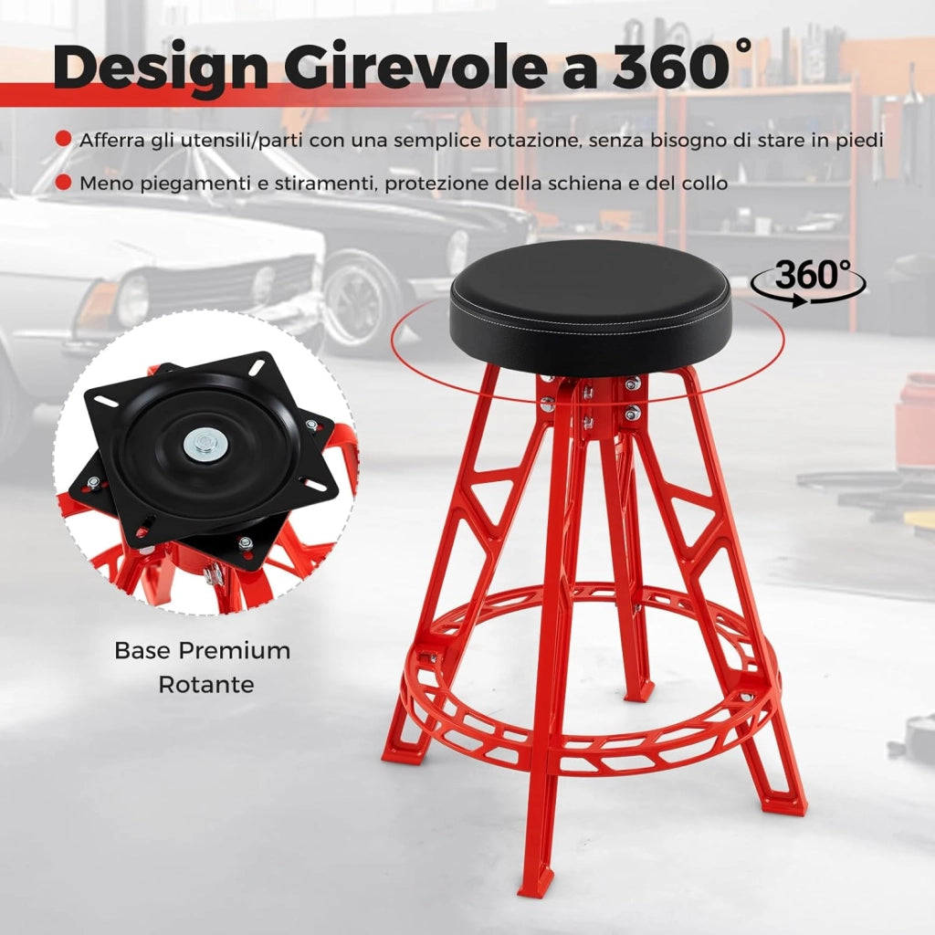 Sgabello da Officina, Sedia Meccanico in Metallo con Girevole a 360° e Seduta Imbottita, Capacità di 182 kg, Sgabello Alto da Lavoro con Poggiapiedi per Garage e Officina, Rosso + Nero
