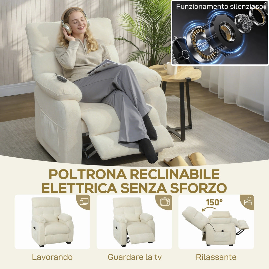 Poltrona Reclinabile 150¡ã Effetto Velluto con Poggiapiedi, Telecomando e Tasca Laterale, 96x90x105 cm, Bianca